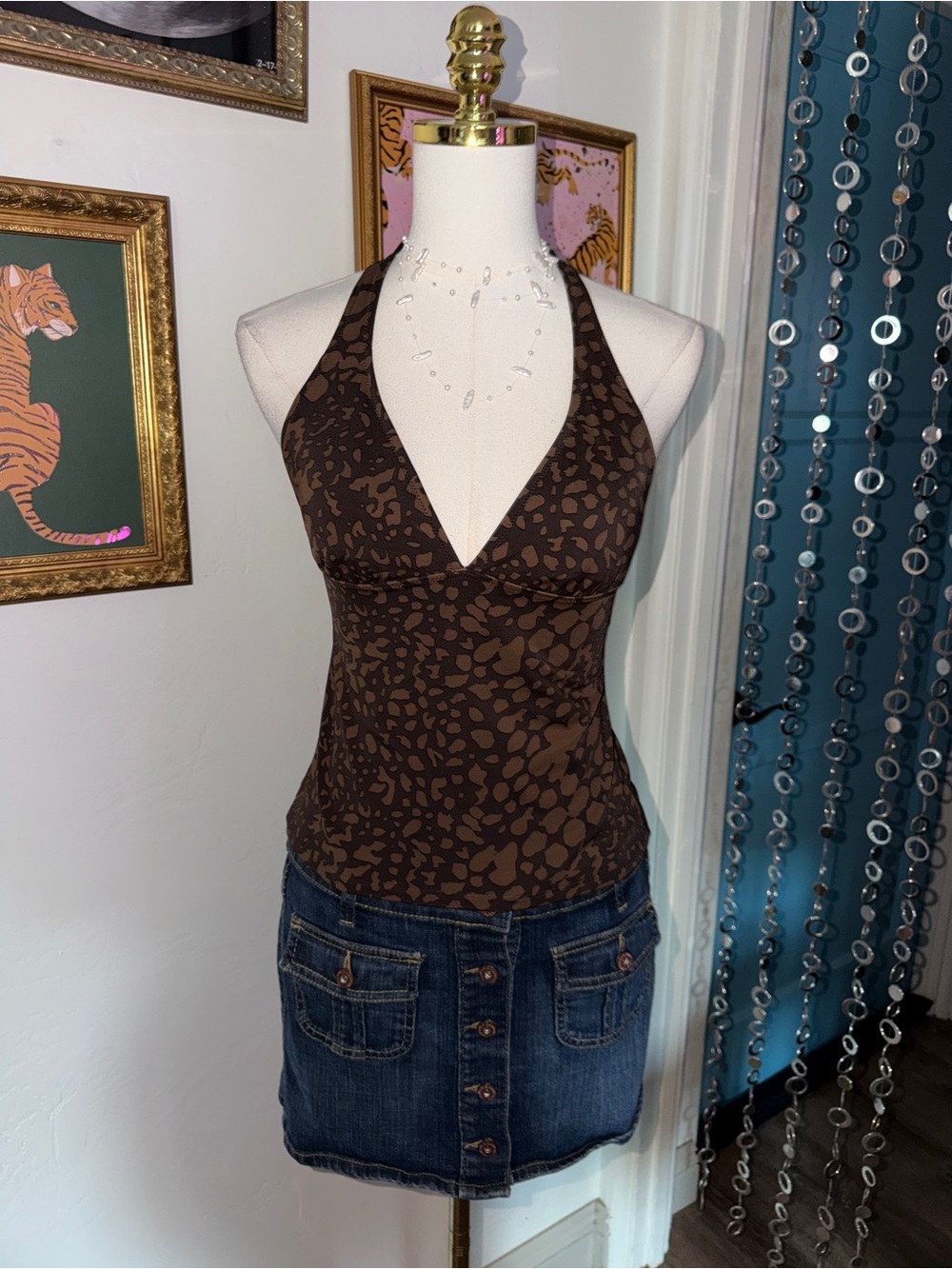 Y2K Brown Pattern Halter Tankini Top - Women